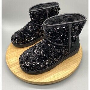 UGG Boots Womens Size 6 Black Mini Chunky Leather Shearling Sequin Wool 1130602